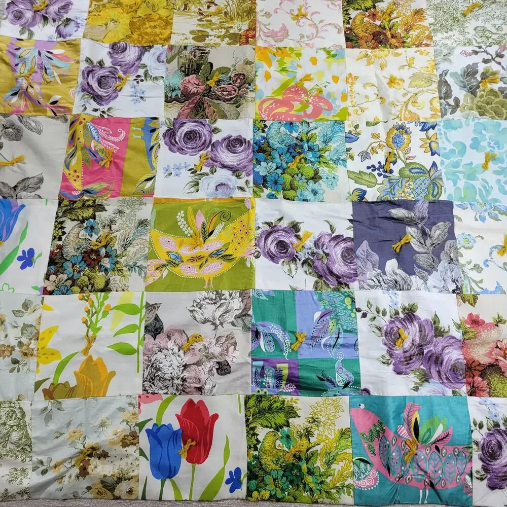 Handmade Patchwork Crazy Quilt Blanket Tablecloth Two-Sided Indian Square Floral